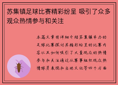 苏集镇足球比赛精彩纷呈 吸引了众多观众热情参与和关注