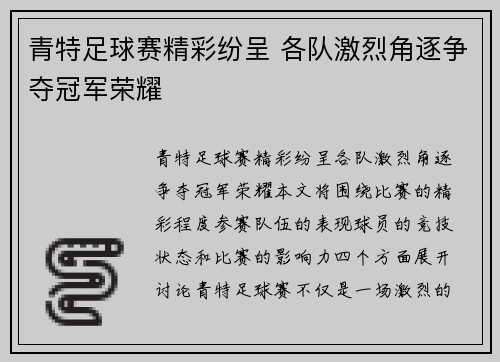 青特足球赛精彩纷呈 各队激烈角逐争夺冠军荣耀