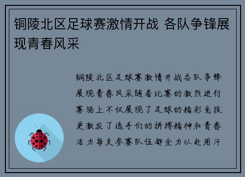 铜陵北区足球赛激情开战 各队争锋展现青春风采