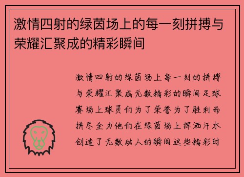 激情四射的绿茵场上的每一刻拼搏与荣耀汇聚成的精彩瞬间