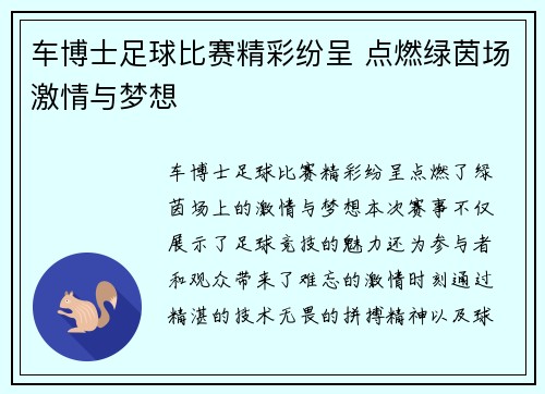 车博士足球比赛精彩纷呈 点燃绿茵场激情与梦想