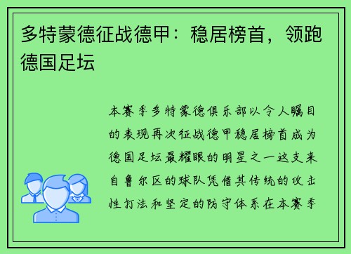 多特蒙德征战德甲：稳居榜首，领跑德国足坛