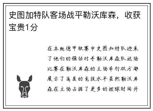 史图加特队客场战平勒沃库森，收获宝贵1分