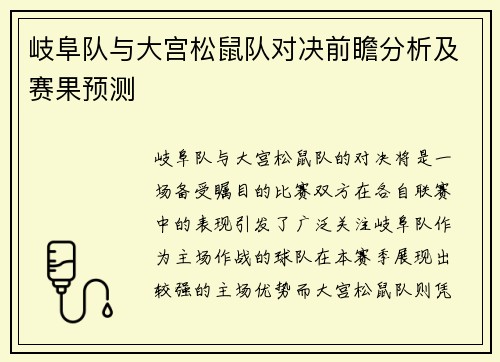 岐阜队与大宫松鼠队对决前瞻分析及赛果预测