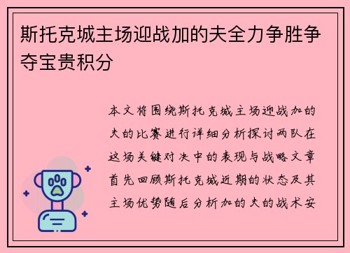 斯托克城主场迎战加的夫全力争胜争夺宝贵积分