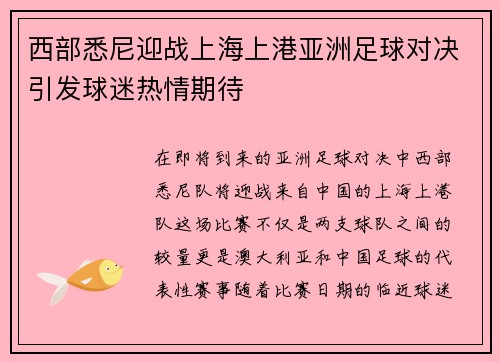 西部悉尼迎战上海上港亚洲足球对决引发球迷热情期待