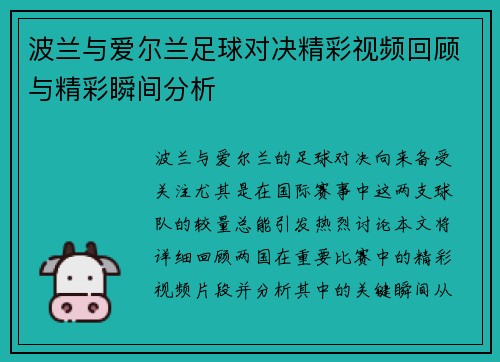 波兰与爱尔兰足球对决精彩视频回顾与精彩瞬间分析