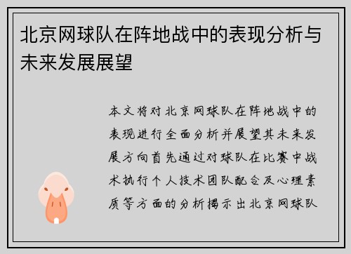 北京网球队在阵地战中的表现分析与未来发展展望